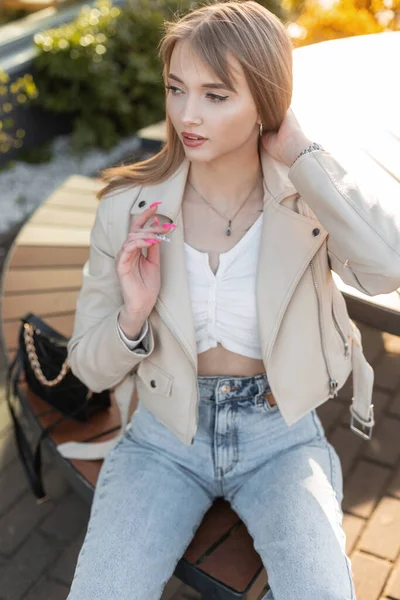 Fashionable Young Beautiful Woman Model Fashion Streetwear Leather Jacket Blue — Stockfoto