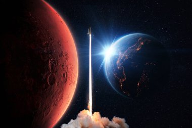 New space shuttle rocket with smoke and blast successfully takes off into space with red planet Mars and blue planet Earth with sun beams. Successful launch of the spacecraft and space exploration.