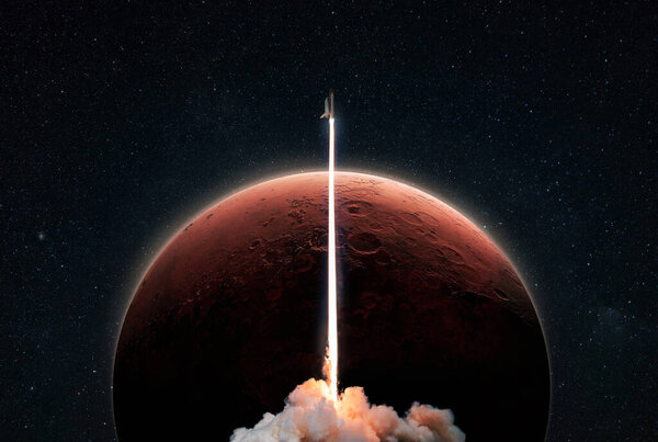 New space shuttle rocket with a blast takes off into space against the background of the red planet Mars and explores space. Concept of technology and travel to other planets. Spaceship lift off 