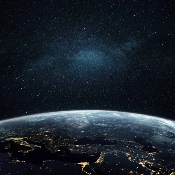 Vacker Fantastisk Blå Planet Jord Med Nattljus Megacitet Och Städer — Stockfoto