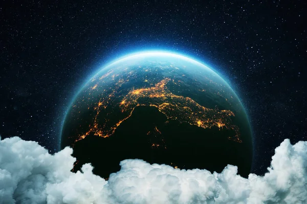 Fantastisk Vacker Blå Planet Jorden Natten Stjärnklar Himmel Med Moln — Stockfoto