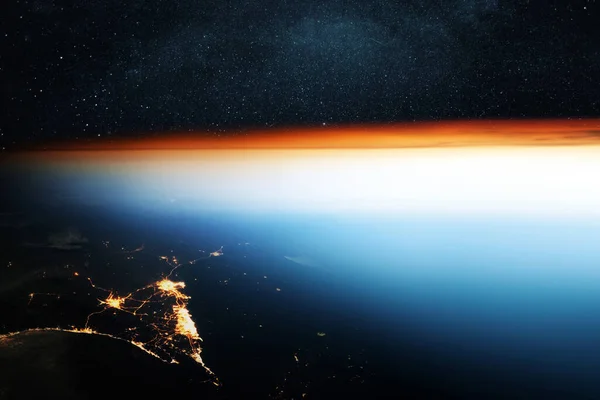 Úžasná Modrá Planeta Země Západem Slunce Světlem Nočních Měst Planetu — Stock fotografie