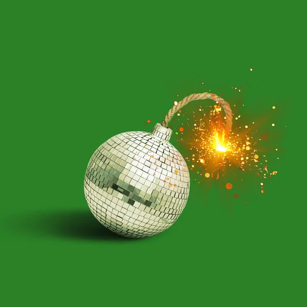 Creative disco mirror ball bomb with wick and sparks on green background, creative idea. Explosive party, concept. New Year and Christmas