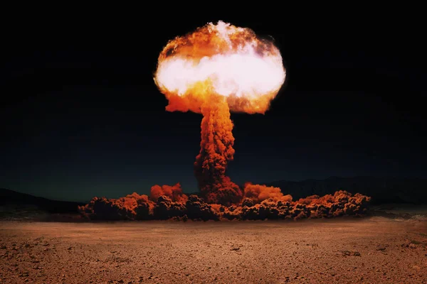 Terrible Explosión Una Bomba Nuclear Con Hongo Desierto Prueba Bomba — Foto de Stock