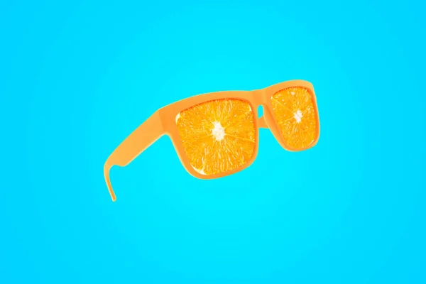 Cool Fashion Orange Vitamins Sunglasses Orange Hovering Blue Background Juicy — Stock Photo, Image