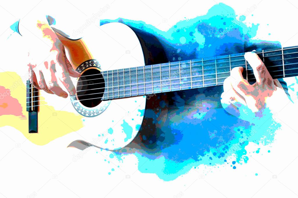 Music graphic with guitar.
