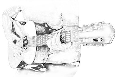 Kalem çizim tarzında gitar müziği illüstrasyonu.