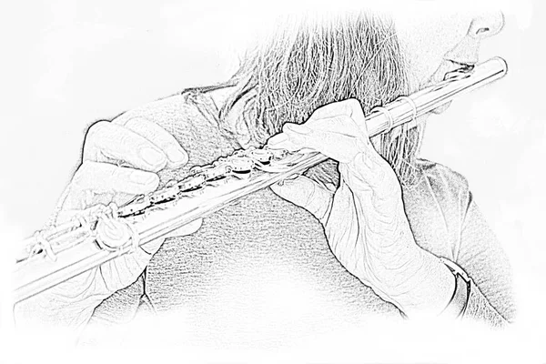 Desenho Lápis Gráfico Musical Com Flauta Transversal — Fotografia de Stock