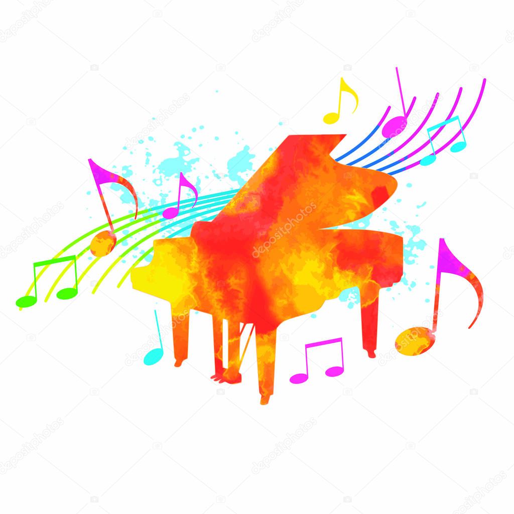 Musik graphic with piano and watercolor background.