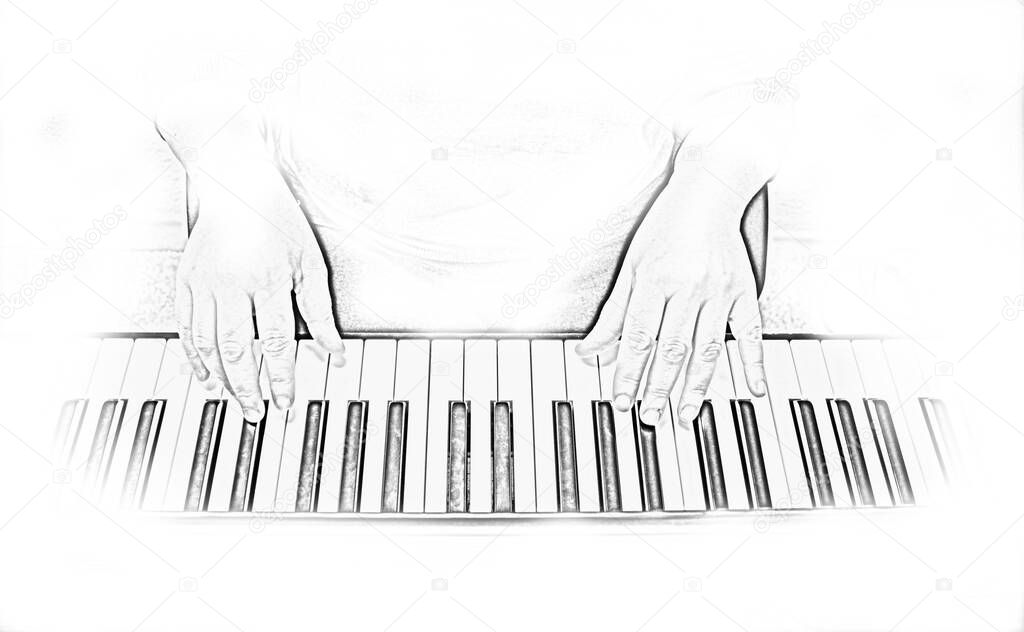 Music graphic with piano in handdraw style.