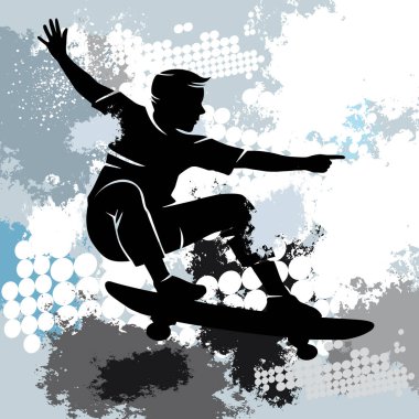 Skateboard sport graphic with dynamic background.