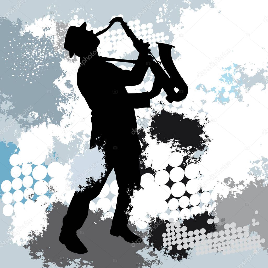 Music graphic with saxophone player and dynamic background.