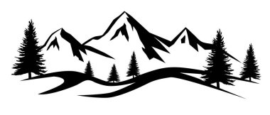 Landscape graphic with mountains and trees.