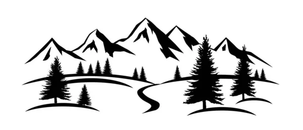 Landscape graphic with mountains and trees.