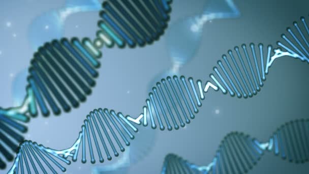 Vista de cerca animada de hebras de ADN brillantes y giratorias — Vídeo de stock
