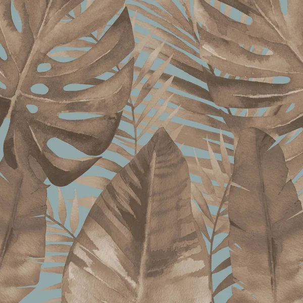 Akwarela Palm banan pozostawia tło. Suszony liść palmy Akwarela ilustracja na niebieskim tle. — Zdjęcie stockowe