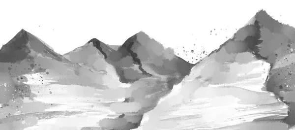 Monochrome landscape mountain view. Minimalist nature art. Watercolor illustration on white background. — Stock Photo, Image