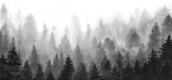 Monochrome foggy forest panorama. Minimalist nature landscape art. Watercolor illustration on white background.