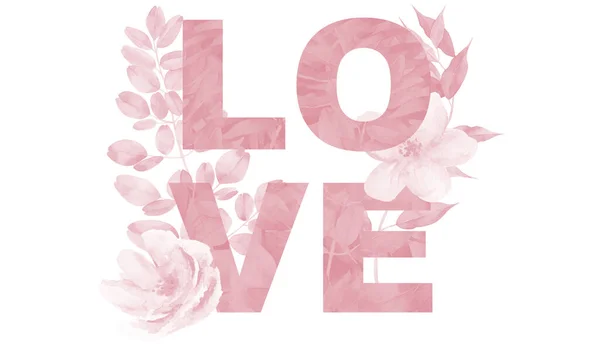 Parola d'amore di San Valentino con fiori e foglie ad acquerello. Firma design per banner, intestazioni, pubblicità e annunci. Acquerello per San Valentino. — Foto Stock