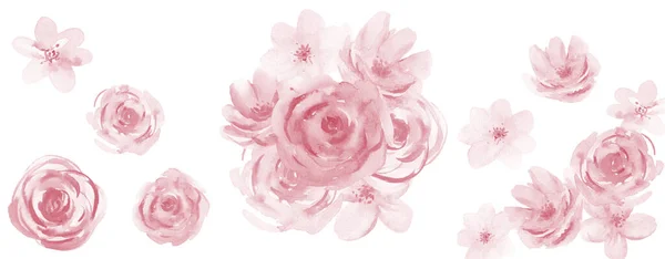 Roze Bloemen Aquarel Rozen Valentijnsdag decoratie ideeën. Aquarel Roze Bloemen bladeren elementen geïsoleerde illustratie op witte achtergrond. — Stockfoto