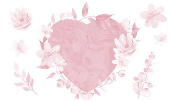 Blush Pink Flower Frame σε σχήμα καρδιάς. Υδατογραφία Λουλούδι φυτικά στοιχεία για το σχεδιασμό Ημέρα του Αγίου Βαλεντίνου. Εικόνα Αρχείου