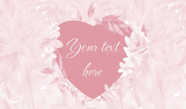 Jantung Bingkai Bunga Merah Muda Berwarna Air. Warna Air Latar belakang tanaman Bunga untuk Valentines Desain Hari. — Stok Foto