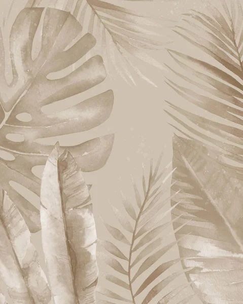 Fondo botánico de diseño tropical. Ilustración de acuarela sobre fondo beige. —  Fotos de Stock