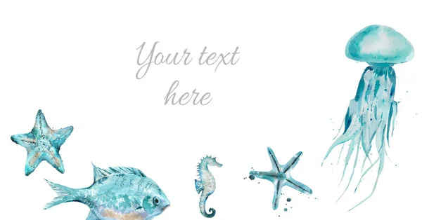 Acuarela azul criaturas del mar borde. Ilustración en acuarela aislada sobre fondo blanco. Imagen De Stock
