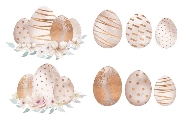 Akvarel Velikonoce Zlaté vejce design skupiny s květinami a listy, Akvarel Vejce ilustrace izolované na bílém pozadí. — Stock fotografie