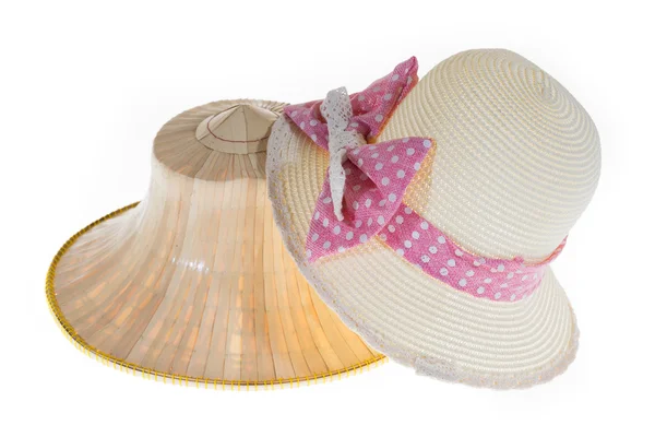 Thai Farmers Palm Hat With Sweet Hat With Pretty straw hat On Wh — Stock Photo, Image