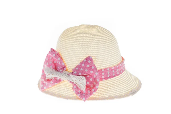 Pretty straw hat with pink ribbon on white background — Stock Photo, Image