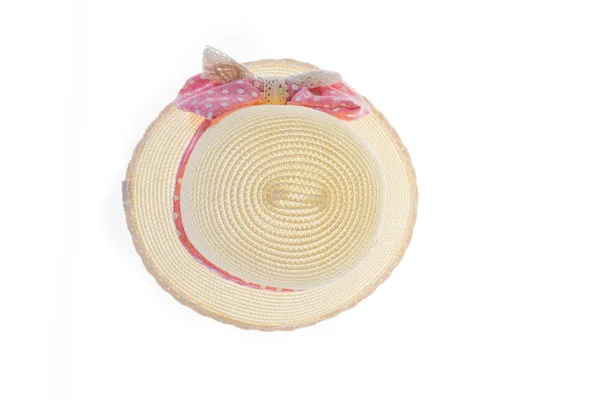 Pretty straw hat with pink ribbon on white background — Stock Photo, Image