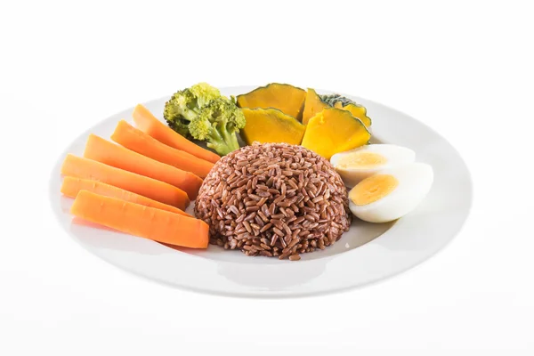 Vegetarian food, contains coarse rice, egg, carrot, pumpkin and — Stock Photo, Image