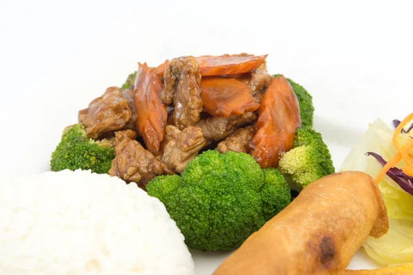 Brokoli, saus tiram dengan nasi uap — Stok Foto