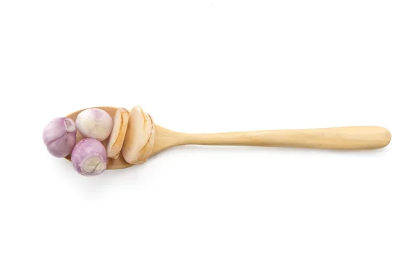 Galangal with onion inside spoon — Stock Photo, Image