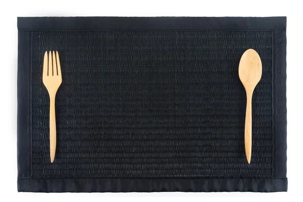 Thailändska lite matta svart färg med gaffel och sked — Stockfoto