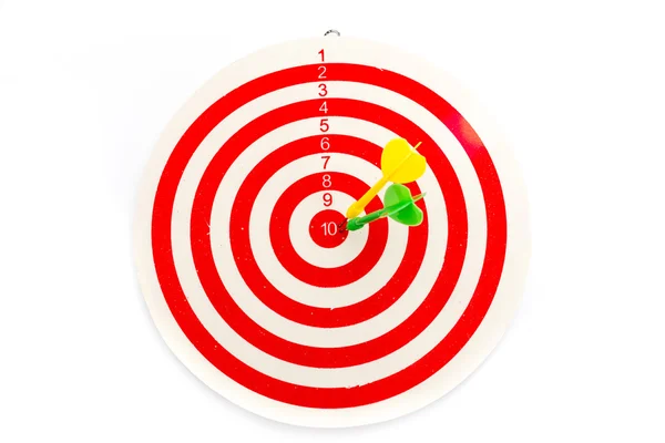 2 dart green and yellow color right on target — Stock Photo, Image