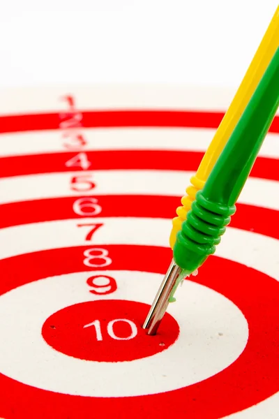 2 dart green and yellow color right on target — Stock Photo, Image