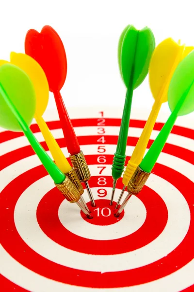 2 dart green and yellow color right on target — Stock Photo, Image