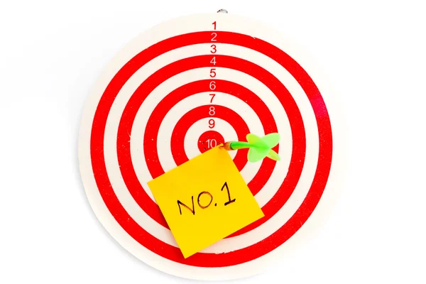 2 dart green and yellow color right on target with text no.1 — Stock Photo, Image