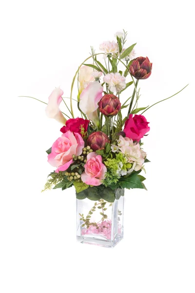 Decoratie kunstmatige plastic bloem met glazen vaas, roze cryst — Stockfoto