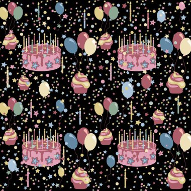 Pasta, mum, balon ve konfeti ile şenliksiz desen