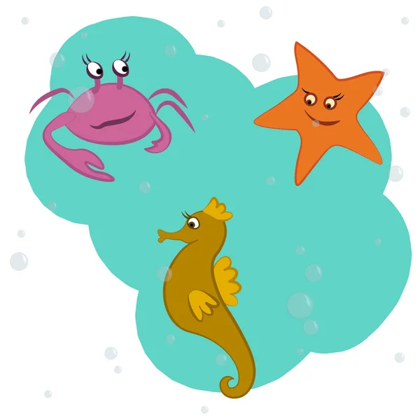 Zabawny krab. rozgwiazdy i owoce morza clip art — Wektor stockowy