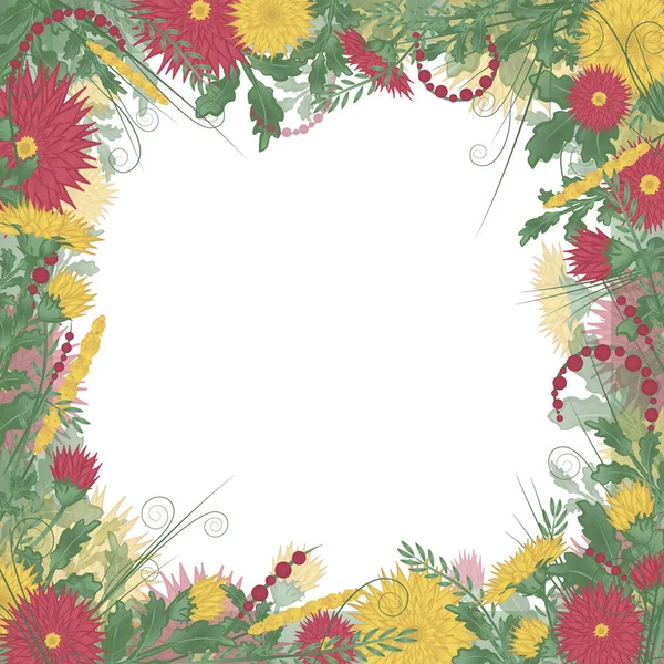 Marco de flores cuadrada con crisantemos y hierbas. Corona con flores rojas y amarillas — Archivo Imágenes Vectoriales