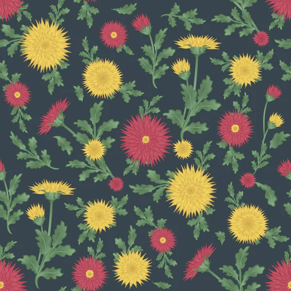 Motif floral sans couture avec chrysanthèmes. Fleurs et feuilles rouges et jaunes — Image vectorielle