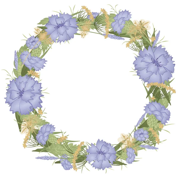 Uma coroa redonda de flores silvestres. Cornflowers moldura floral — Vetor de Stock