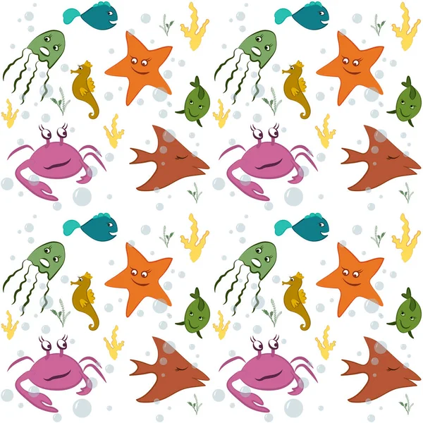 Śmieszne zwierzęta morskie pod wodą bezszwowy wzór. Tło dla dzieci — Zdjęcie stockowe