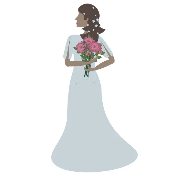Novia en un vestido largo blanco con un ramo de flores en sus manos — Vector de stock
