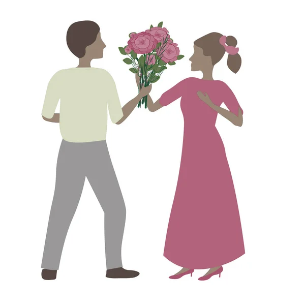 Un joven le da un ramo de flores a una hermosa chica en un vestido largo — Vector de stock