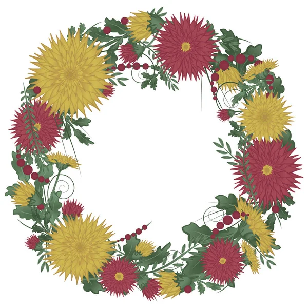 Floral round wreath frame with chrysanthemums. Red and Yellow garland — Stockfoto